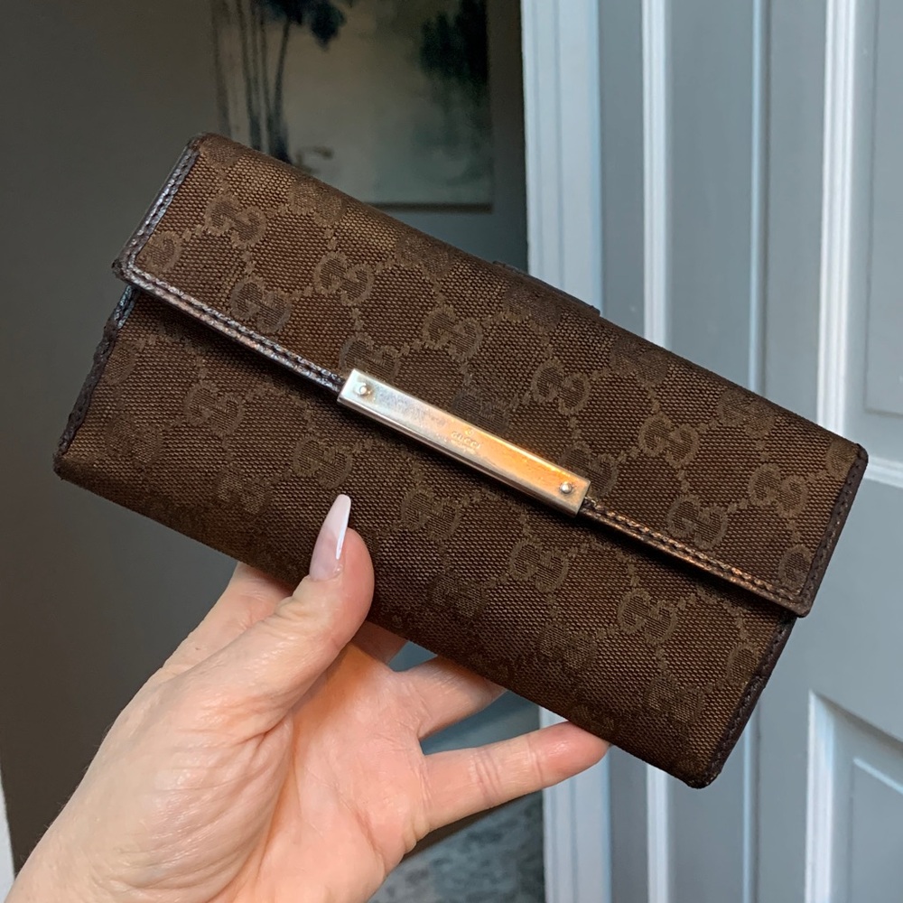 Authentic and vintage Gucci brown cloth and leather long continental wallet
